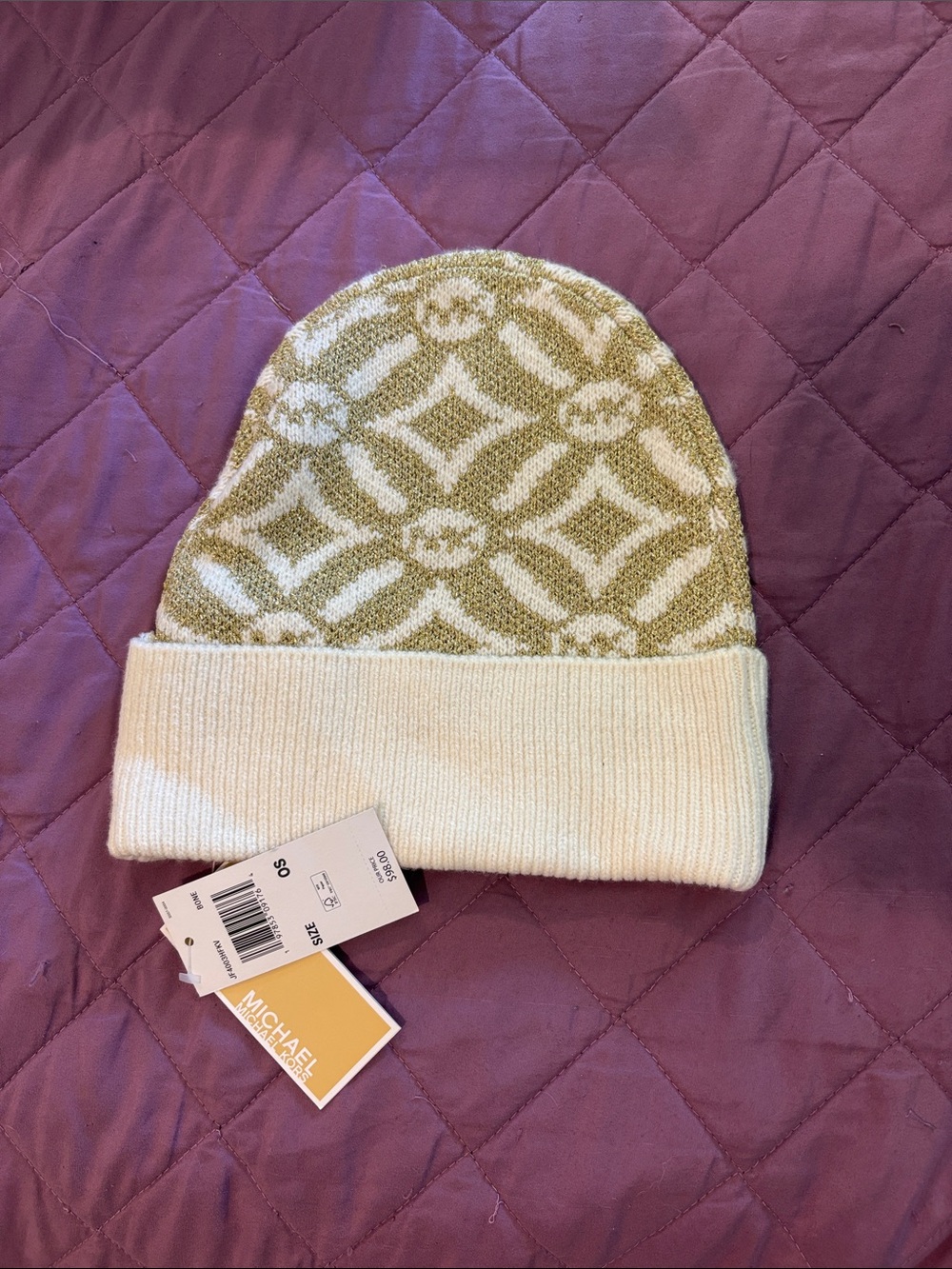 Michael Kors Gold & Cream Logo Knit Cuffed Beanie